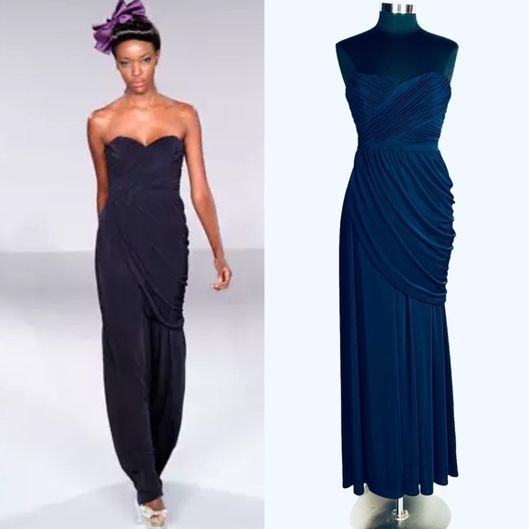MELISSA SWEET INK BLUE SWEETHEART STRAPLESS DRAPED FORMAL EVENING GOWN - Picture 1 of 16